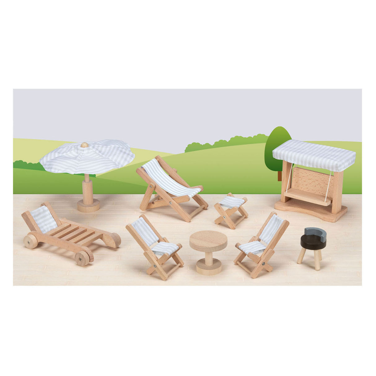 Meubles pour maison de poupée Goki : salon de jardin, 9 pièces, balançoire h10,5cm, bois et textile, 3+