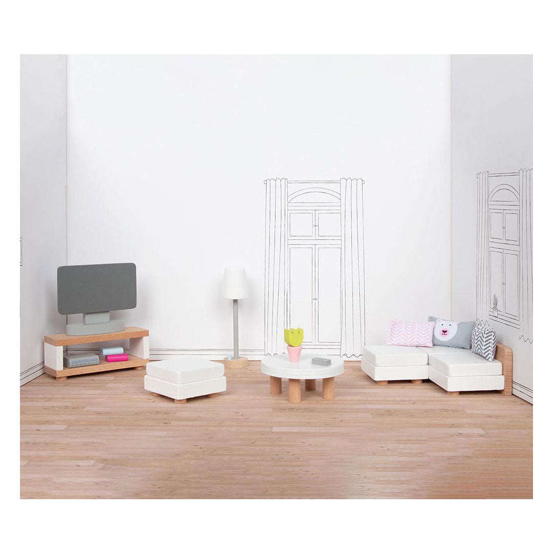 Meubles pour maison de poupée Goki : salon design, 15 pièces, 9,5x3x4cm (meuble télé), bois de hêtre et tissu, 3+