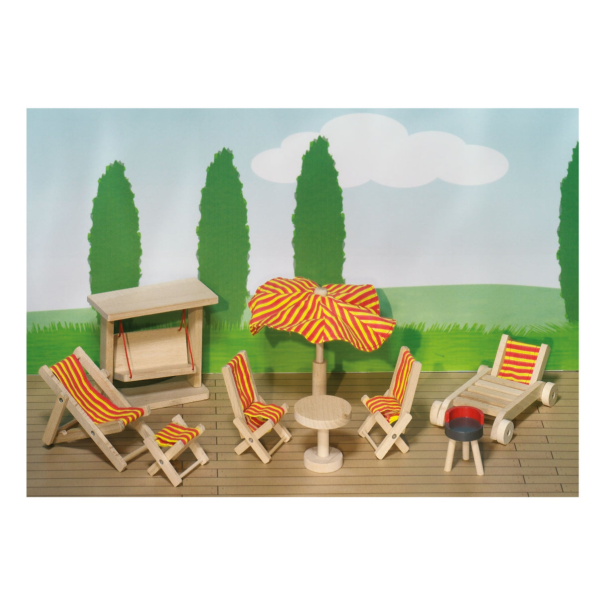 Meubles de maison de poupée Goki série 2 : meubles de jardin 9 pièces, pour poupée