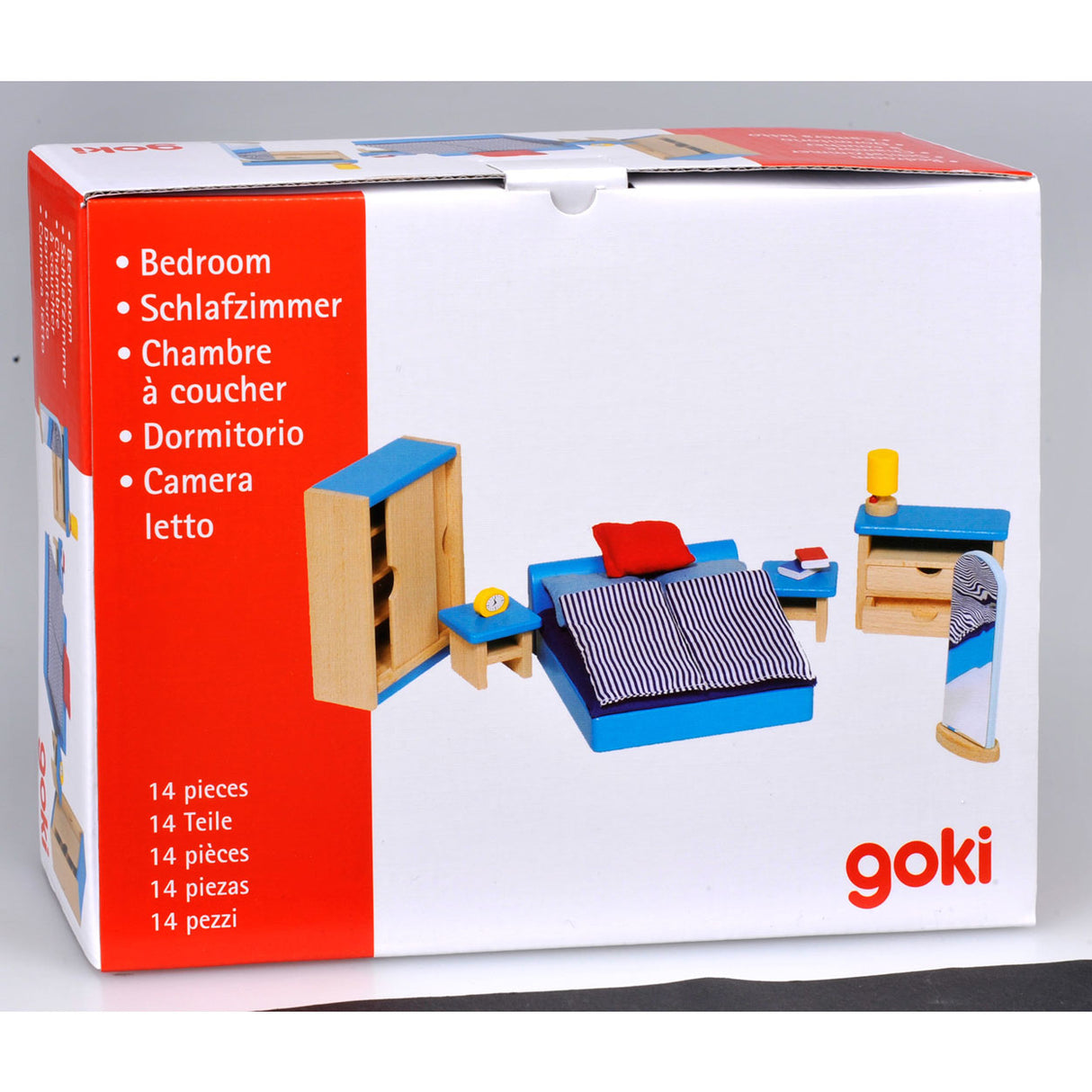 Meubles pour maison de poupée Goki : chambre à coucher moderne 14 pièces (y compris linge de lit, hors TVA)