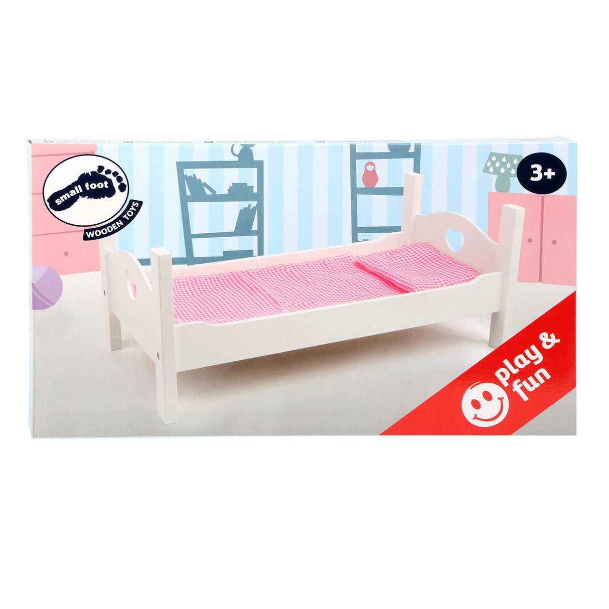 Lit de poupée en bois petit pied avec literie 50 cm blanc rose