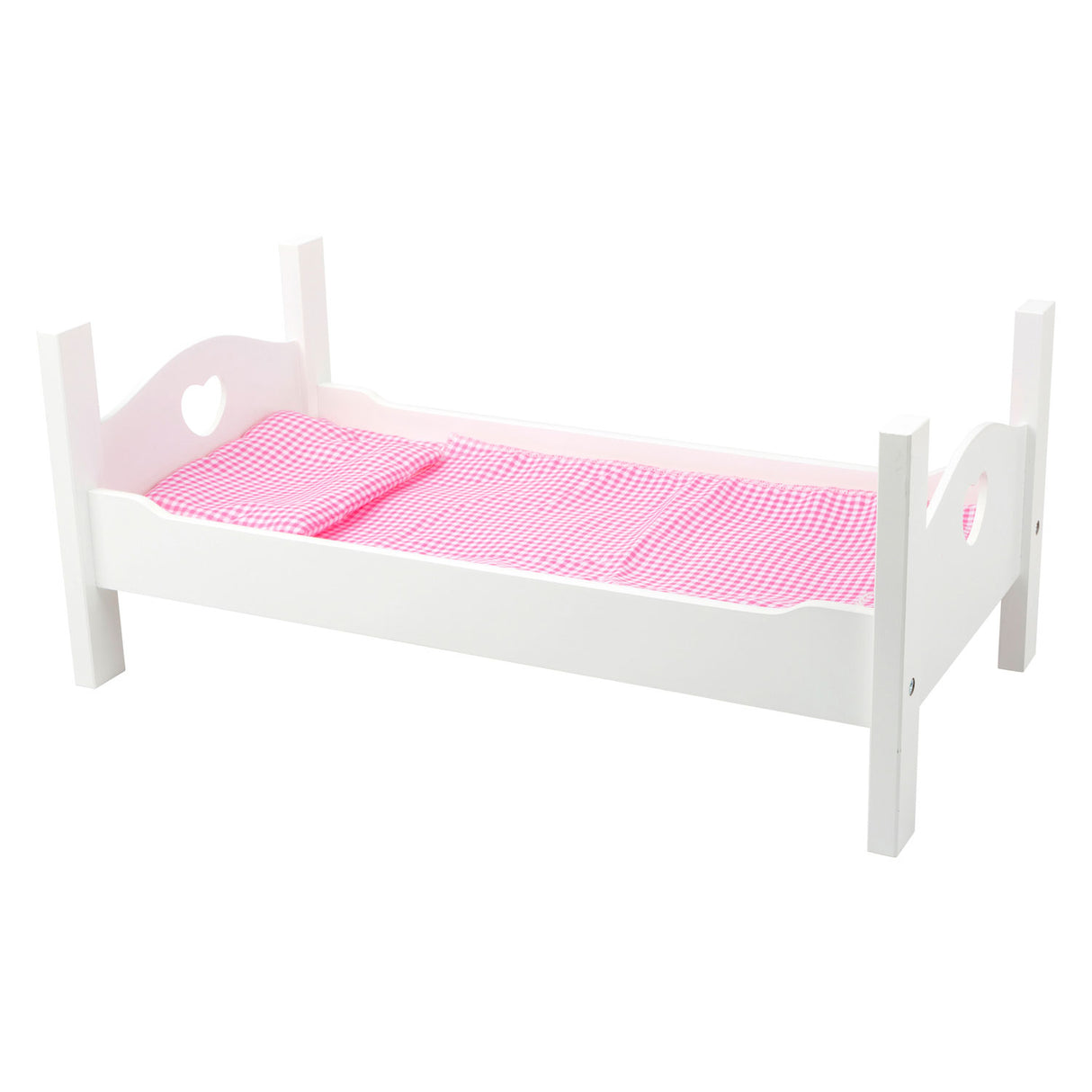 Lit de poupée en bois petit pied avec literie 50 cm blanc rose