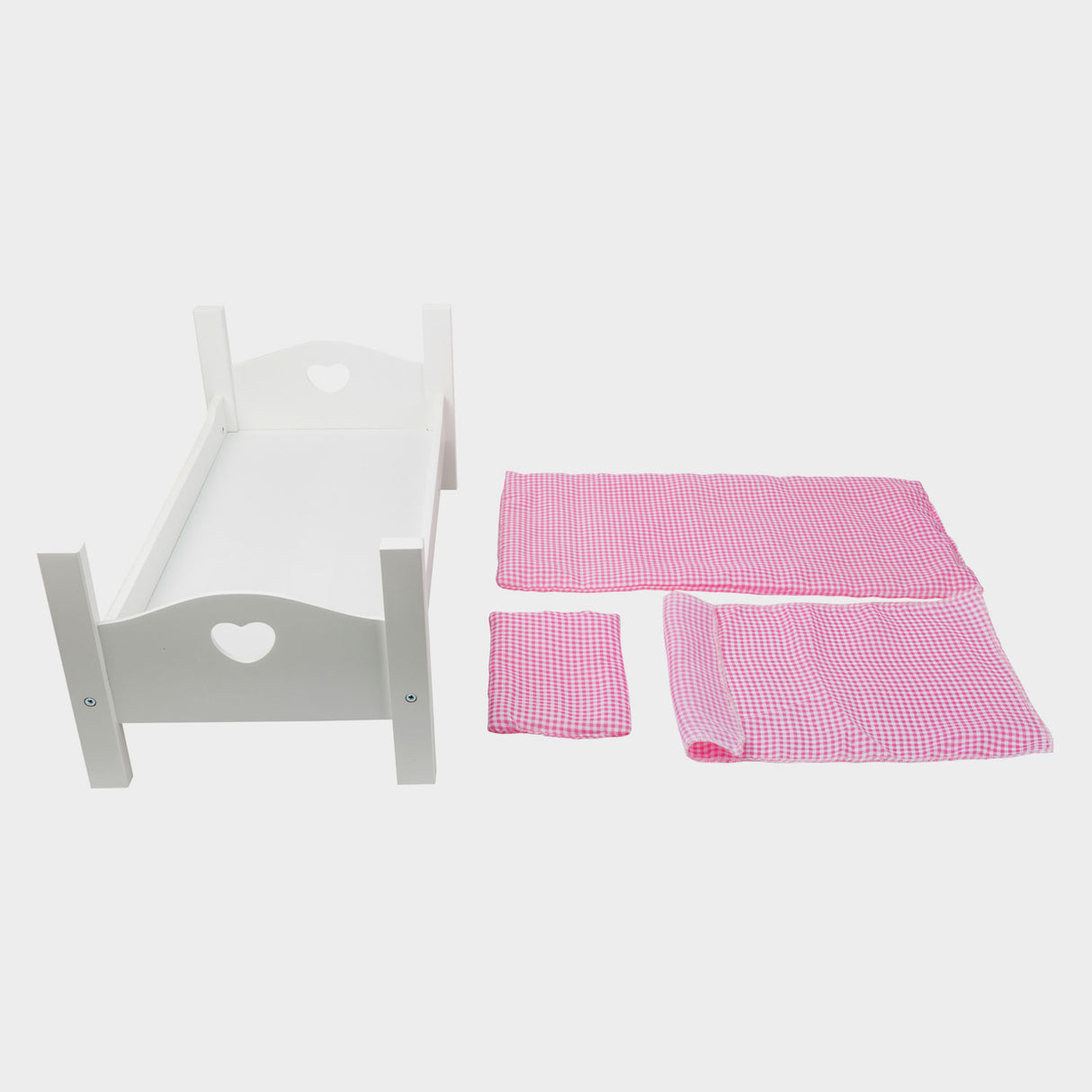 Lit de poupée en bois petit pied avec literie 50 cm blanc rose