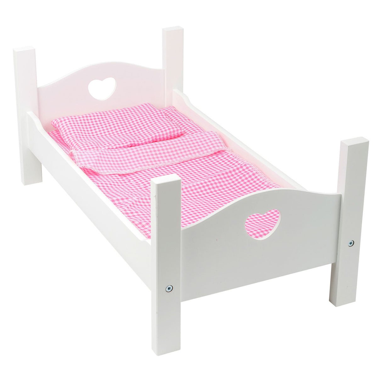Lit de poupée en bois petit pied avec literie 50 cm blanc rose