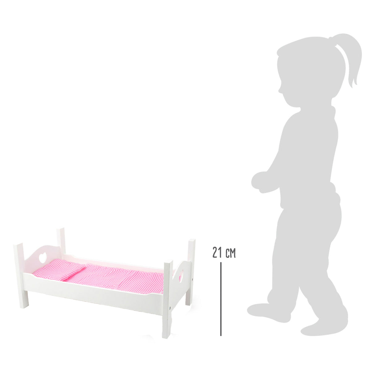 Lit de poupée en bois petit pied avec literie 50 cm blanc rose