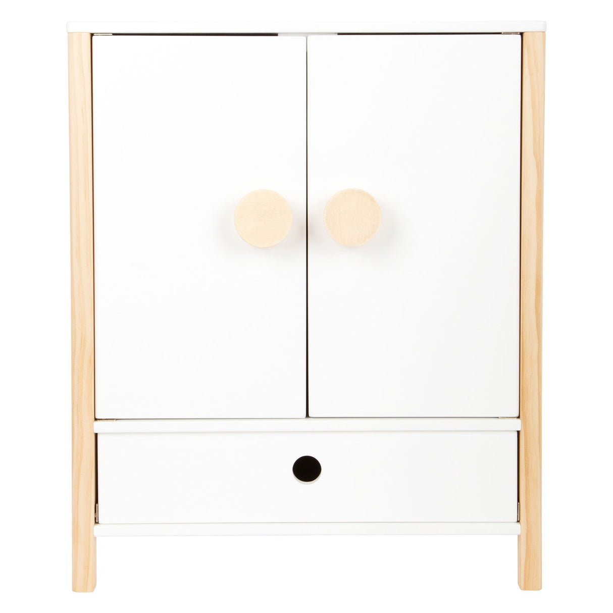 Petite garde-robe de poupée en bois à petit pied avec des cintres, 3dlg.