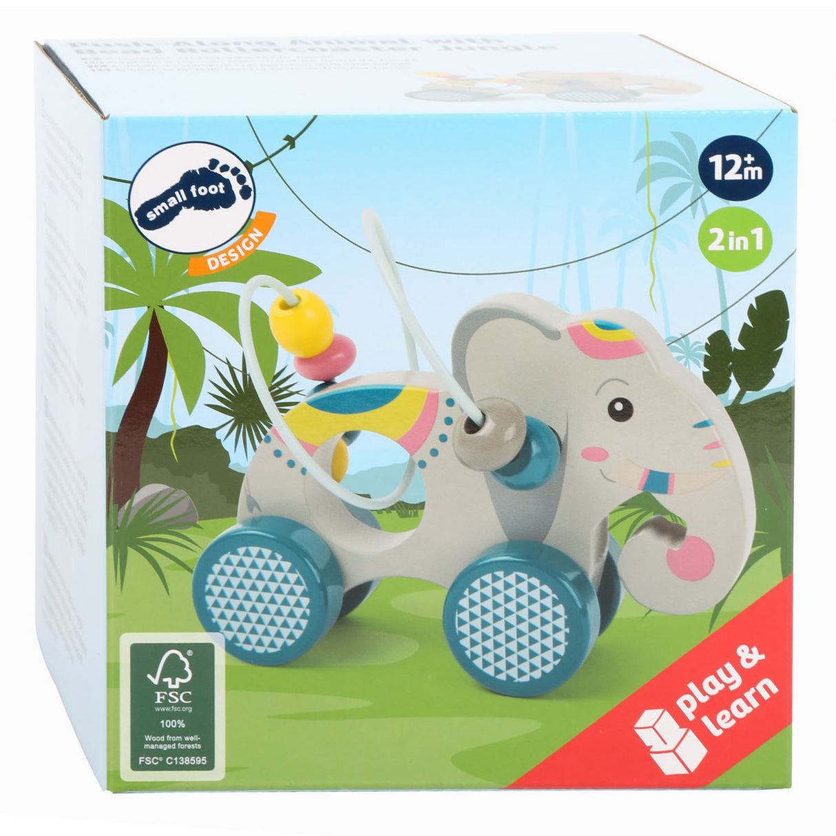 Small foot - figurine éléphant à pousser en bois avec moteur spirale