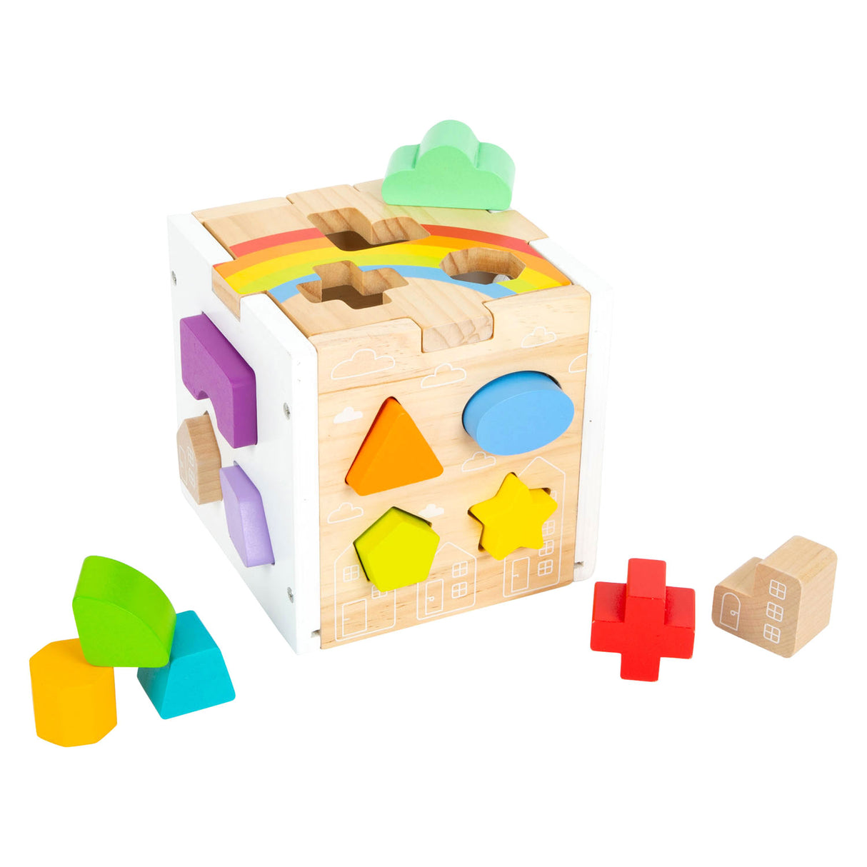 Small foot - cube trieur de formes en bois arc-en-ciel,