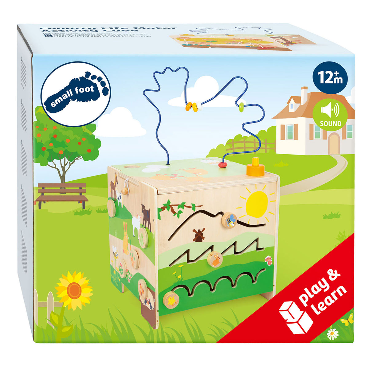 Small foot - cube d'activités en bois avec ferme en spirale de motricité