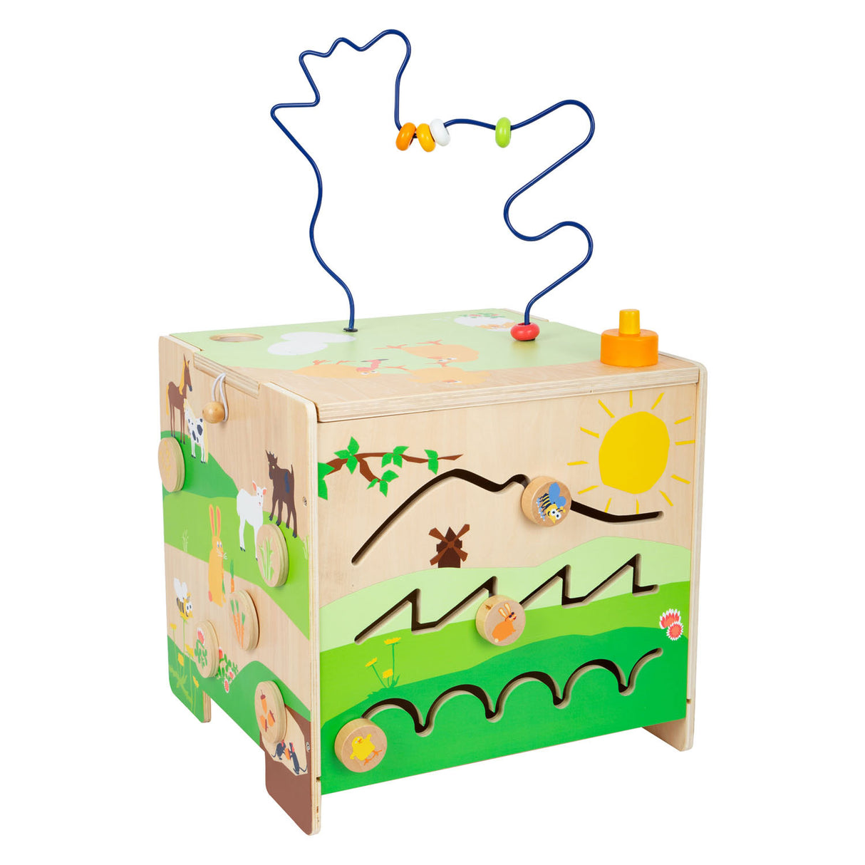 Small foot - cube d'activités en bois avec ferme en spirale de motricité