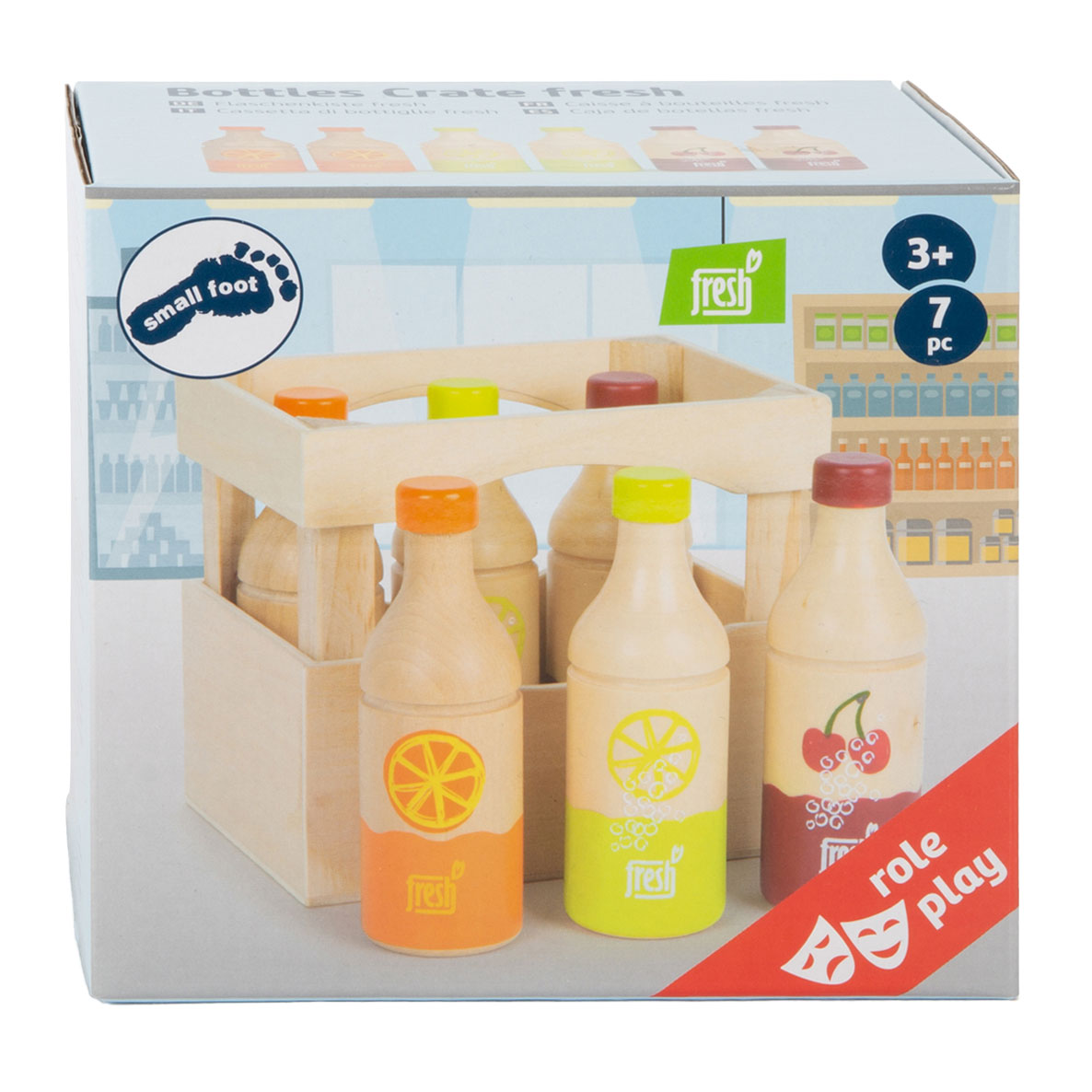 Petite caisse en bois avec bouteilles, 7dlg.