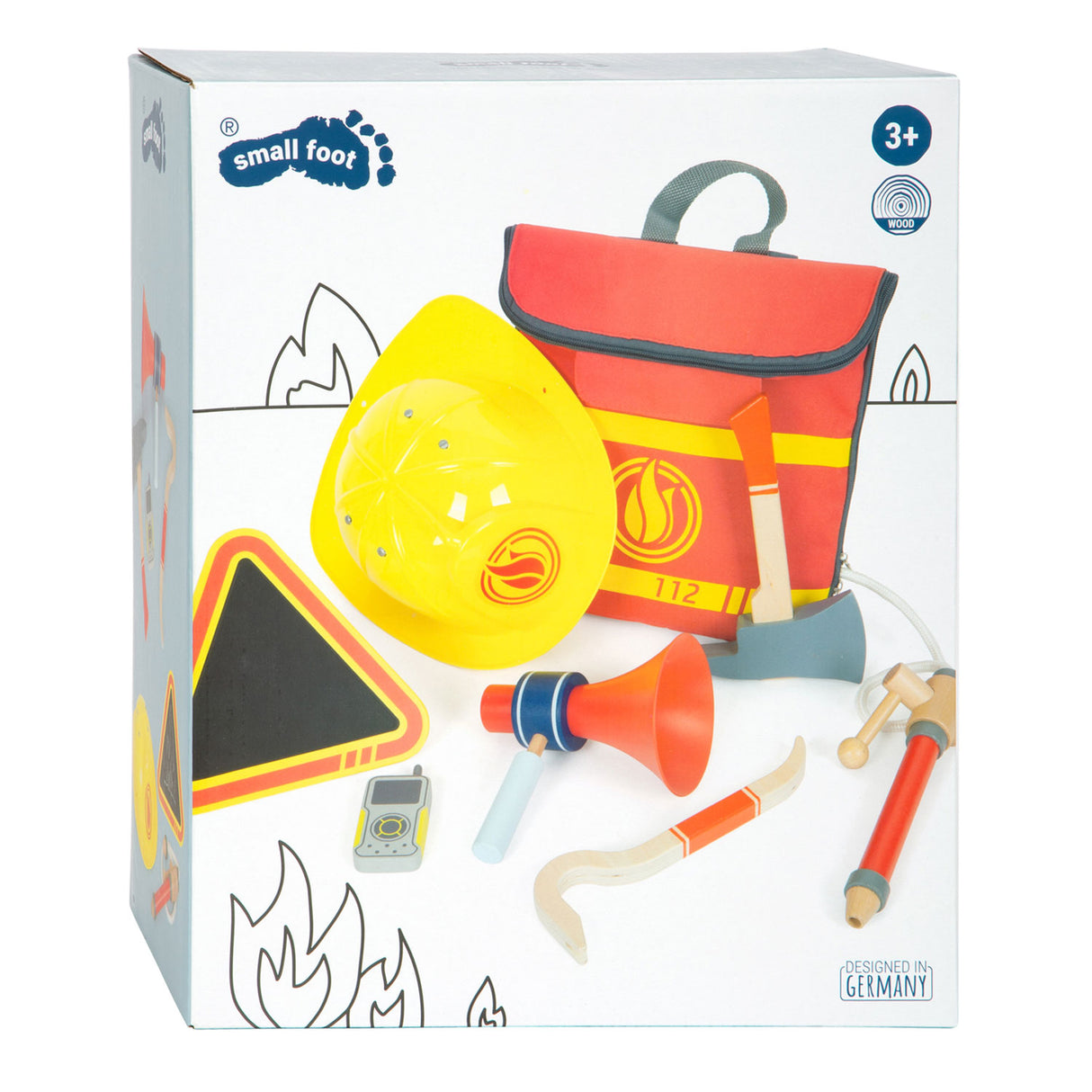 Small foot - sac à dos de pompier avec attributs de pompiers en bois, 8 pièces.