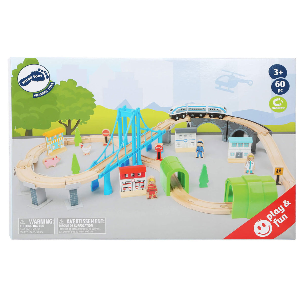 Small foot - coffret train en bois avec pont, 60 pièces.