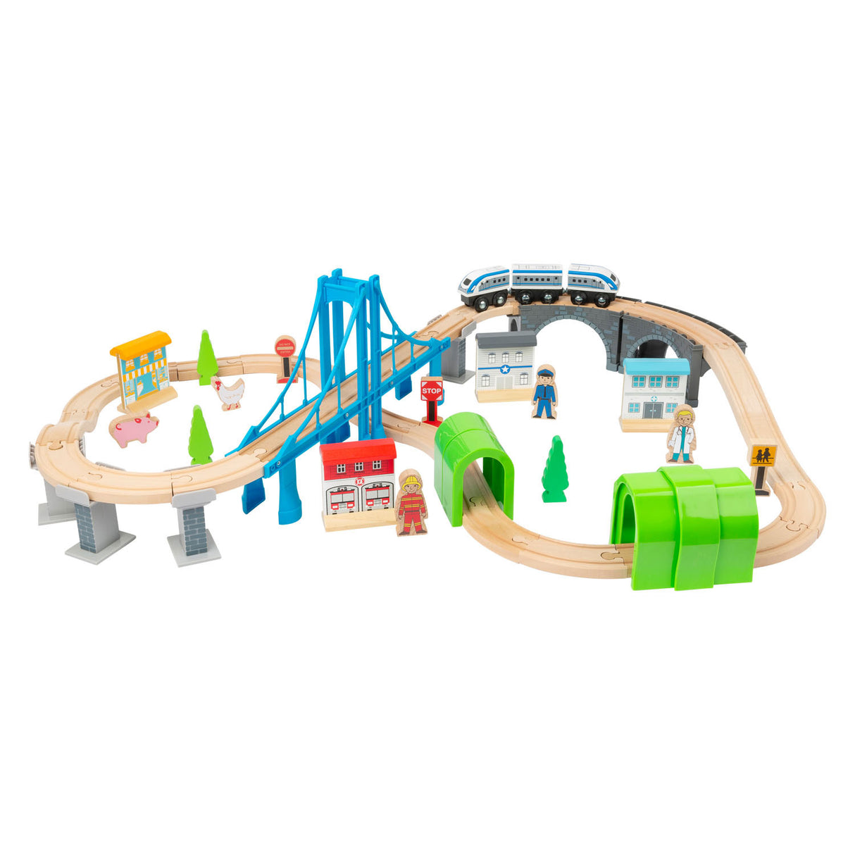 Small foot - coffret train en bois avec pont, 60 pièces.