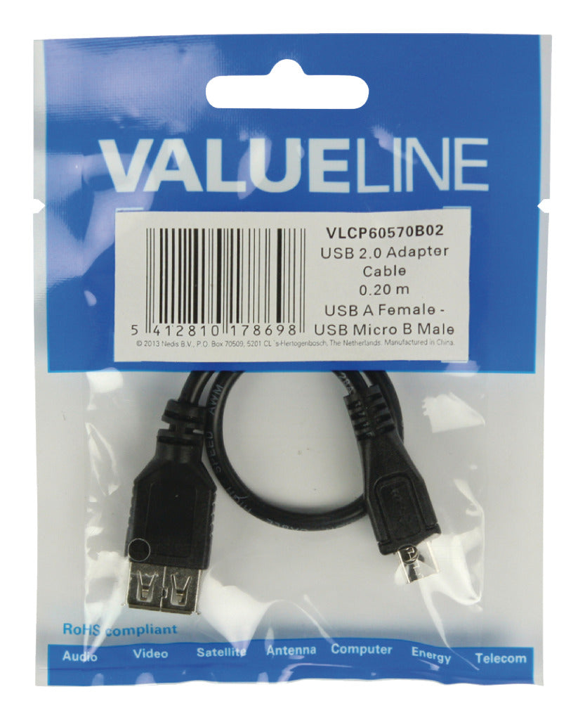 Valueline VLCP60570B02 Câble Adaptateur USB 2.0 USB Micro B Mâle - USB A Femelle 0,20 m Noir