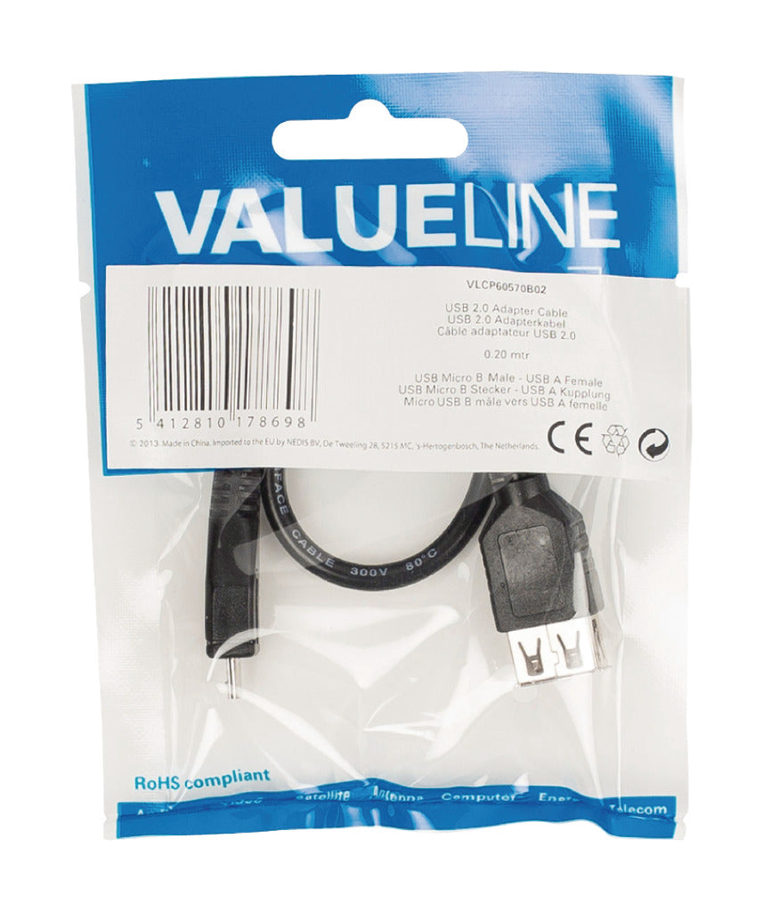 Valueline VLCP60570B02 Câble Adaptateur USB 2.0 USB Micro B Mâle - USB A Femelle 0,20 m Noir