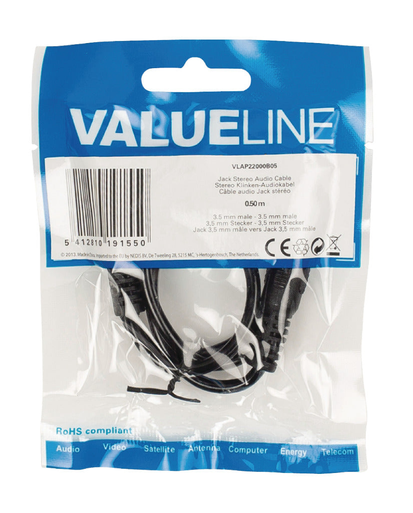 Valueline vlap22000b05 câble audio stéréo jack 3,5 mm mâle - 3,5 mm mâle 0,50 m noir