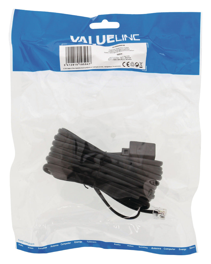 Valueline Valueline VLTP90205B100 Câble d'extension télécom Rj11 mâle Rj11 femelle 10,0 M noir