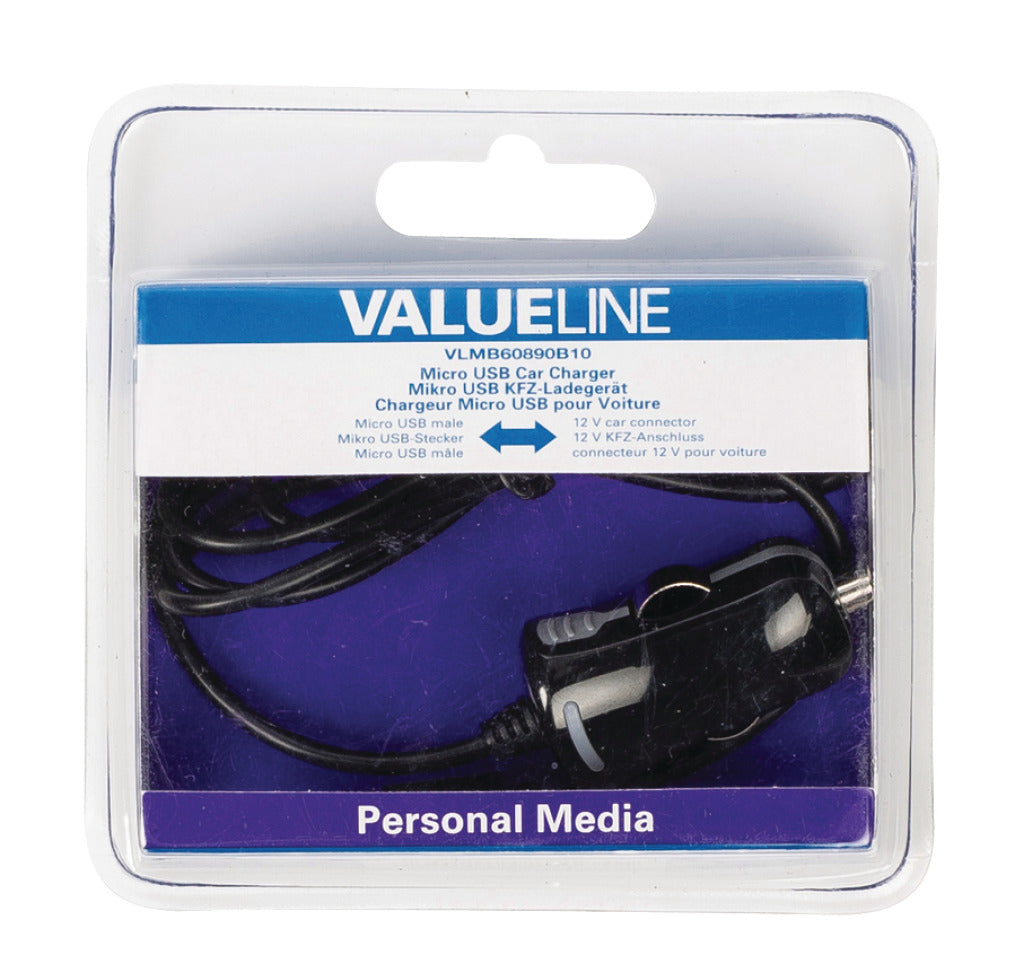 Valueline vlmb60890b10 chargeur de voiture micro usb micro usb mâle - connexion voiture 12v 1,00 m noir 2.1a