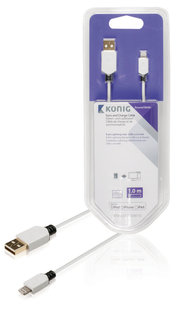K ouml;nig knm39300w10 câble de synchronisation et de charge Lightning mâle 8 broches - USB 2.0 a mâle 1,00 m blanc