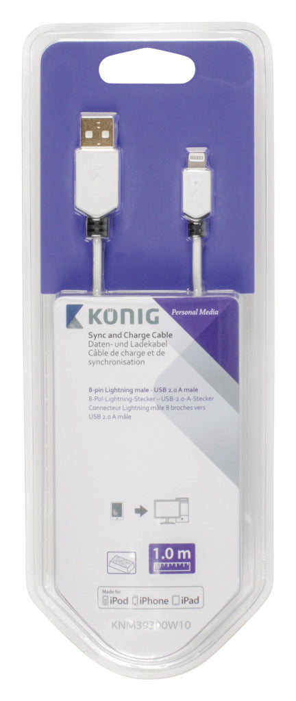 K ouml;nig knm39300w10 câble de synchronisation et de charge Lightning mâle 8 broches - USB 2.0 a mâle 1,00 m blanc