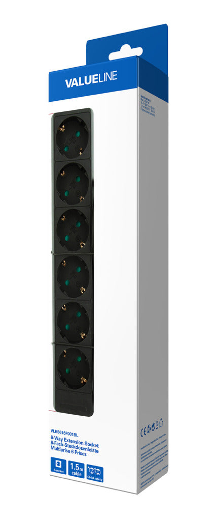 Valueline vles615f001bl prise 6 voies 1,50 m noir