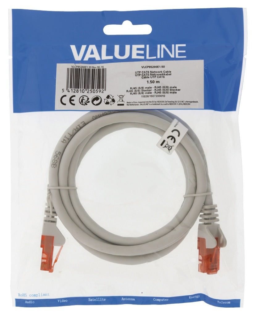 Valueline vlcp85200e1.50 câble réseau utp cat6 rj45 (8 8) mâle - rj45 (8 8) mâle 1,50 m gris