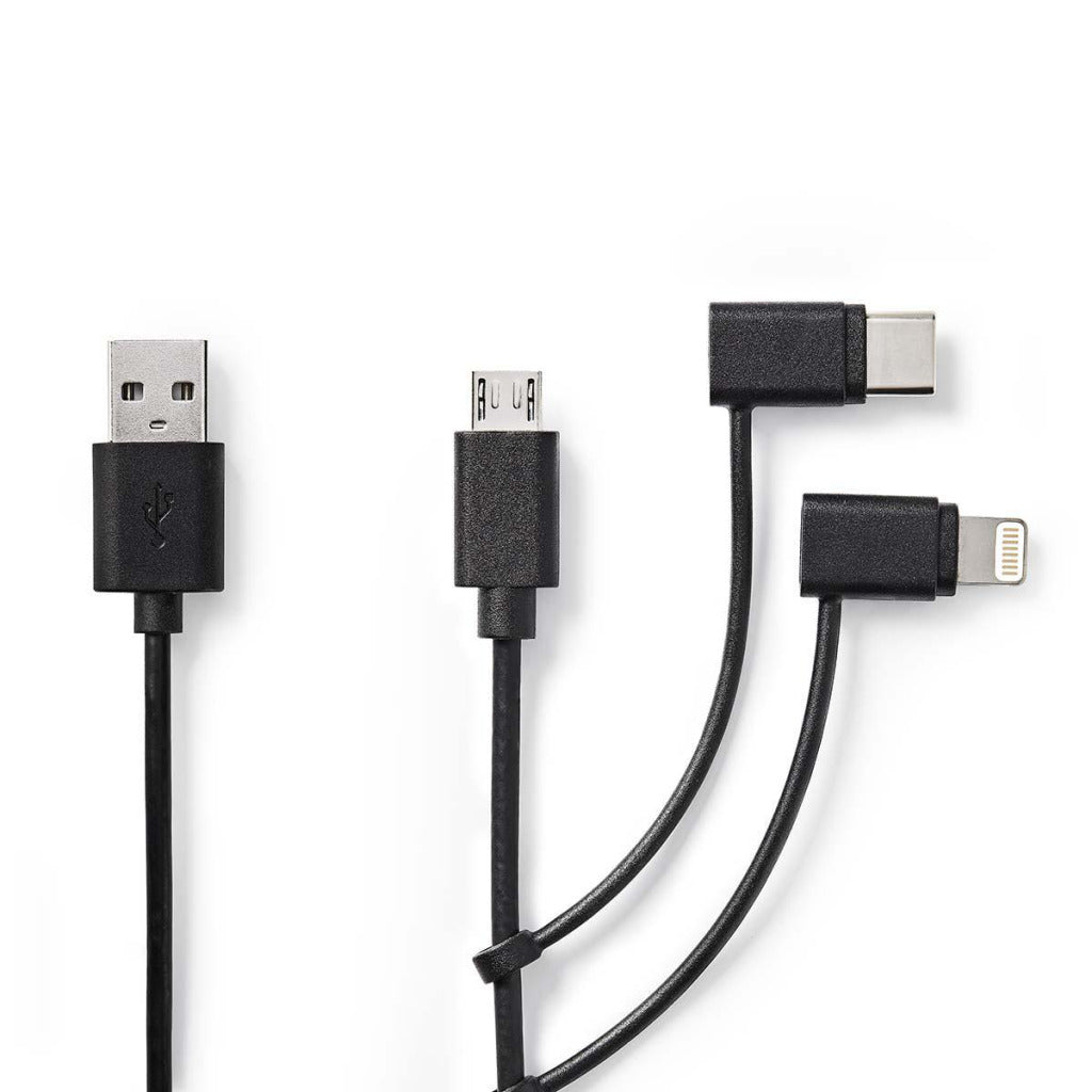 Nedis CCGP60620BK10 Câble de synchronisation et de charge 3 en 1 USB-A mâle - Micro B mâle Type-C mâle Apple Lightning 8 broches mâle 1,0 m noir