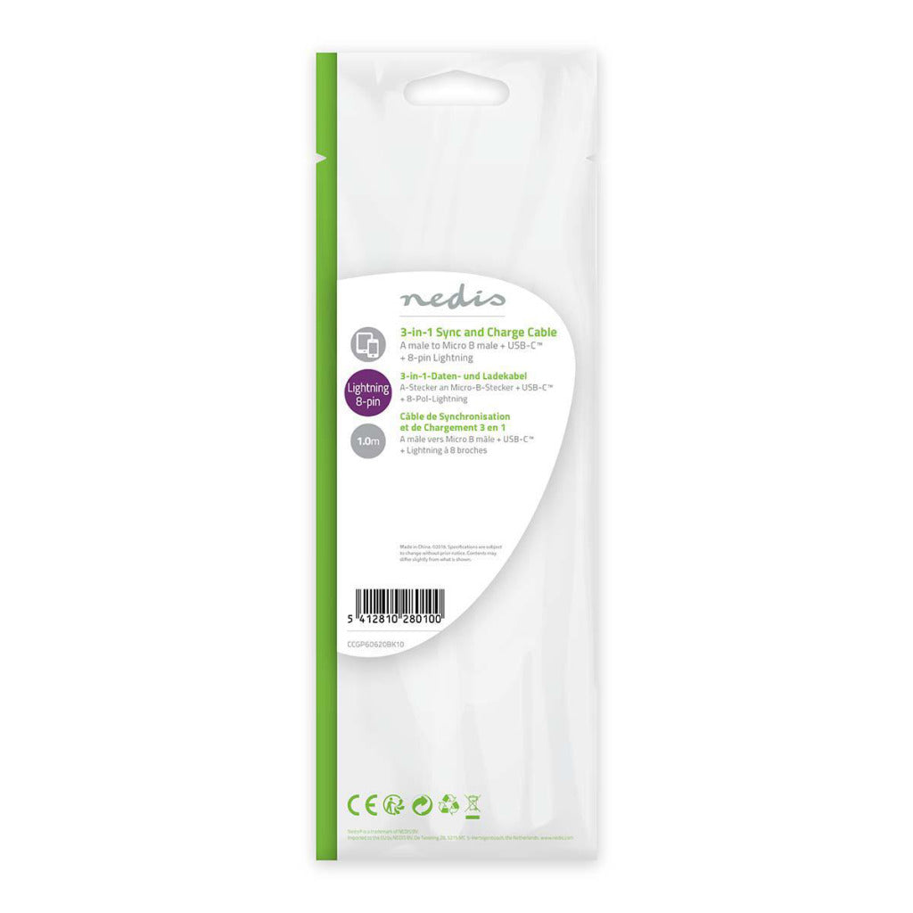 Nedis CCGP60620BK10 Câble de synchronisation et de charge 3 en 1 USB-A mâle - Micro B mâle Type-C mâle Apple Lightning 8 broches mâle 1,0 m noir