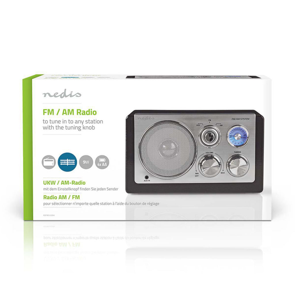 Nedis RDFM5100BK Radio FM 9 W, réglage analogique, design rétro, noir
