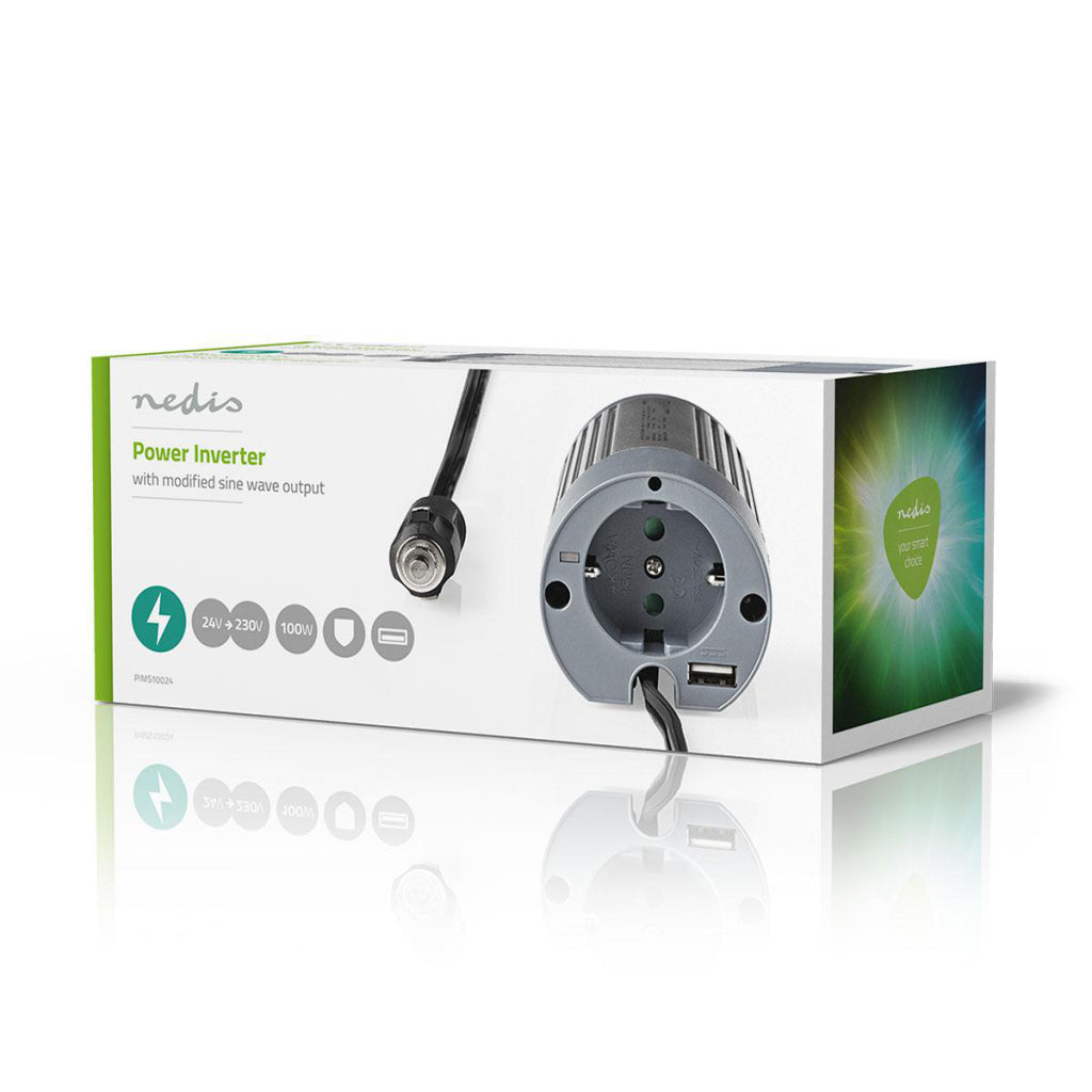 Nedis PIMS10024 Convertisseur de puissance onde sinusoïdale modifiée 24 V DC 230 V 100 W 1x Schuko 1x sortie USB