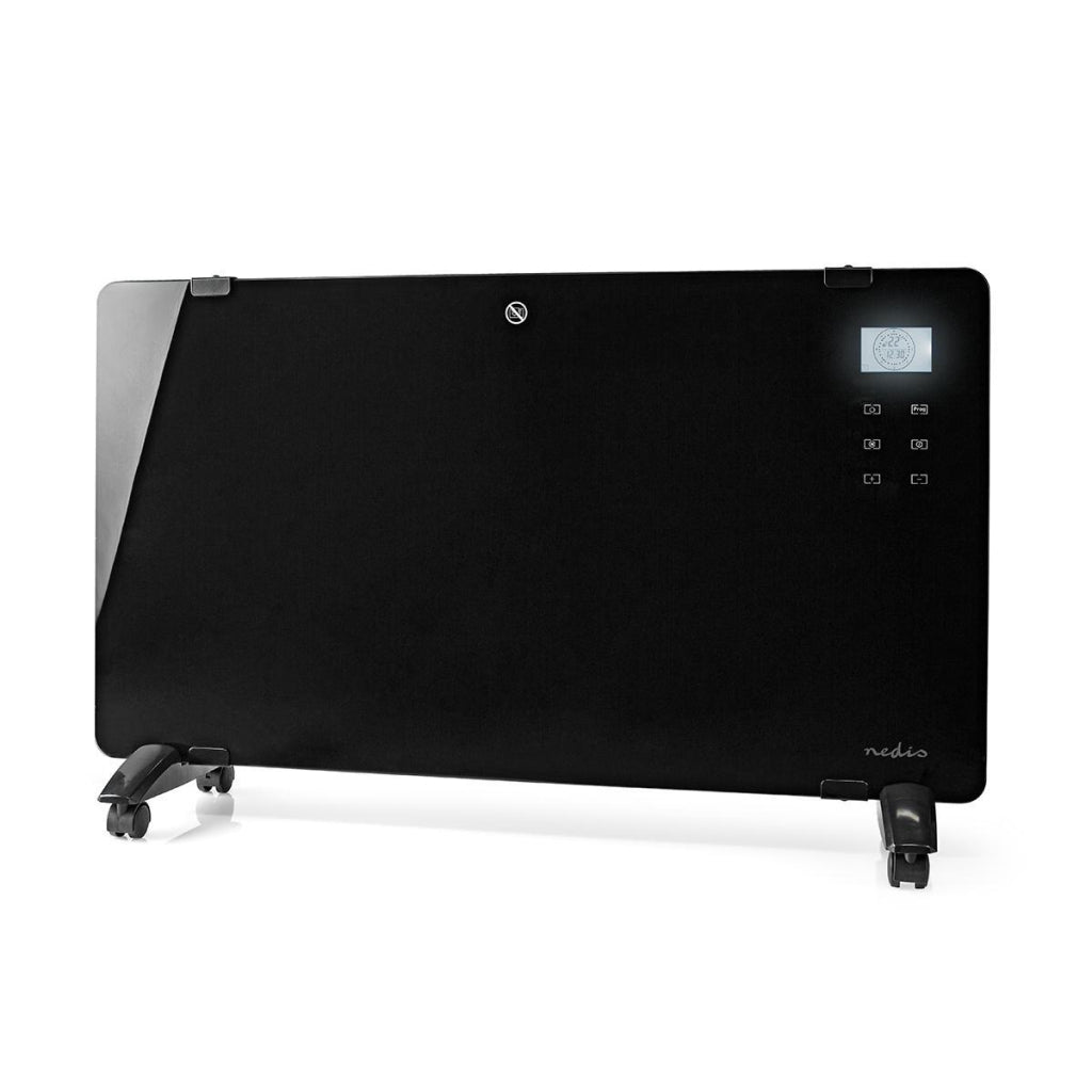 Nedis HTPL20FBK Thermostat de chauffage à convecteur à panneau de verre Écran LCD 2 réglages de chaleur Fixation murale sur pied 2000 W Noir