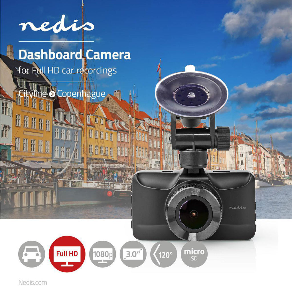 Nedis dcam15bk dashcam full hd 1080 p 1 ch 3,0 pouces angle de vision de 120 degrés ; boîtier métallique