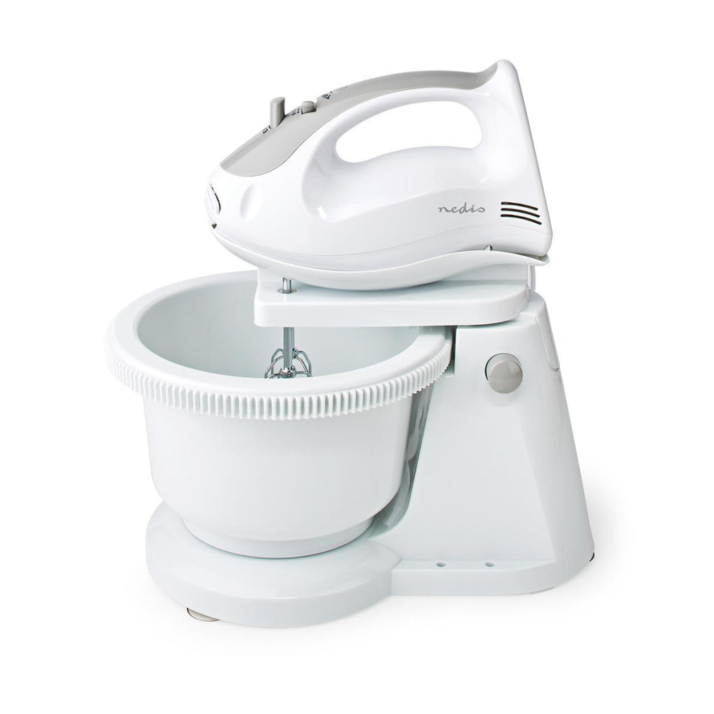 Nedis Kahm110CWT Batteur à Main 200 W Fonction Turbo 5 Vitesses Bol Tournant 2 Crochets Pétrisseurs 2 Batteurs Gris Blanc