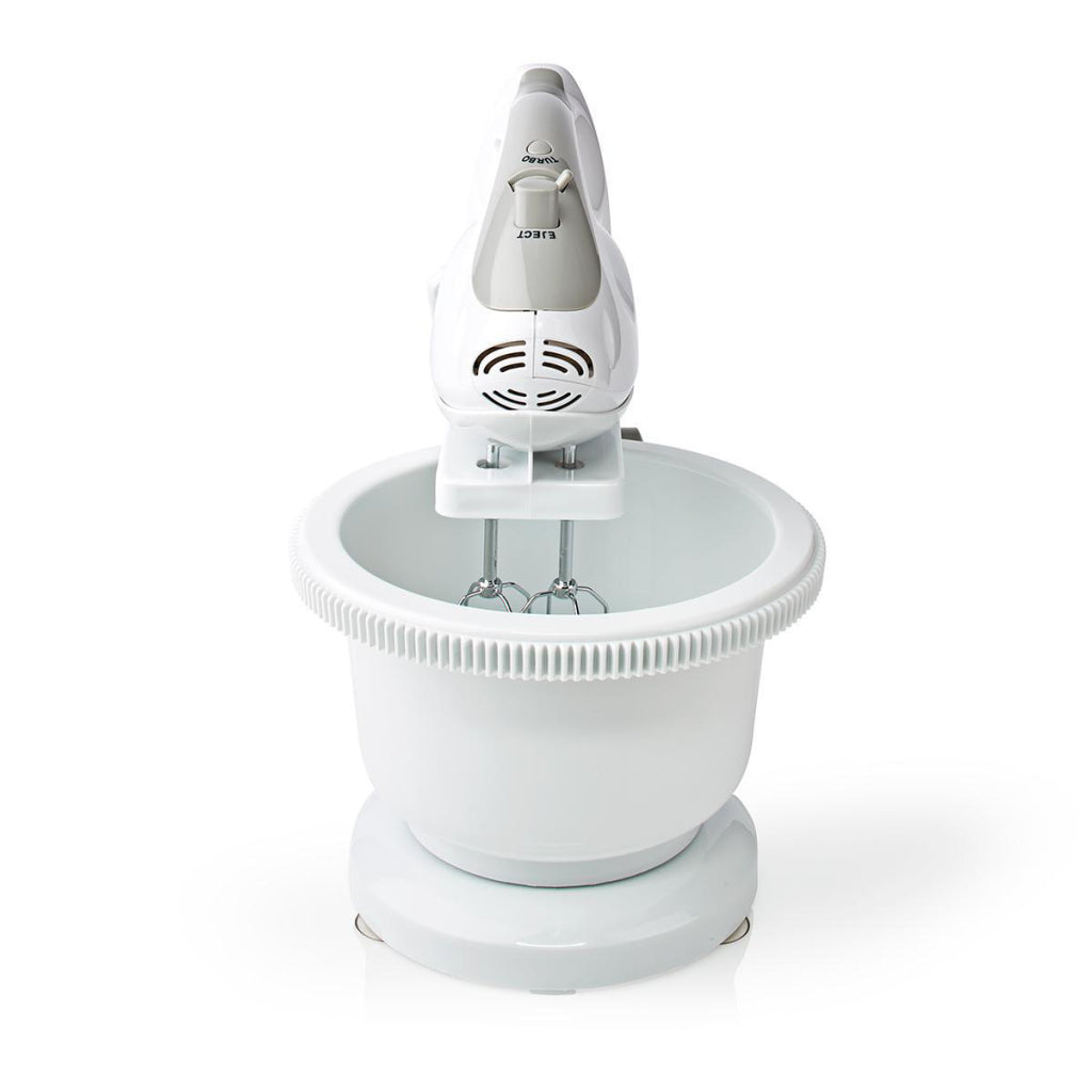 Nedis Kahm110CWT Batteur à Main 200 W Fonction Turbo 5 Vitesses Bol Tournant 2 Crochets Pétrisseurs 2 Batteurs Gris Blanc