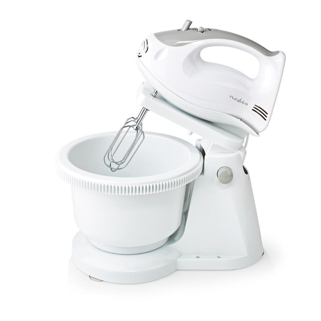 Nedis Kahm110CWT Batteur à Main 200 W Fonction Turbo 5 Vitesses Bol Tournant 2 Crochets Pétrisseurs 2 Batteurs Gris Blanc