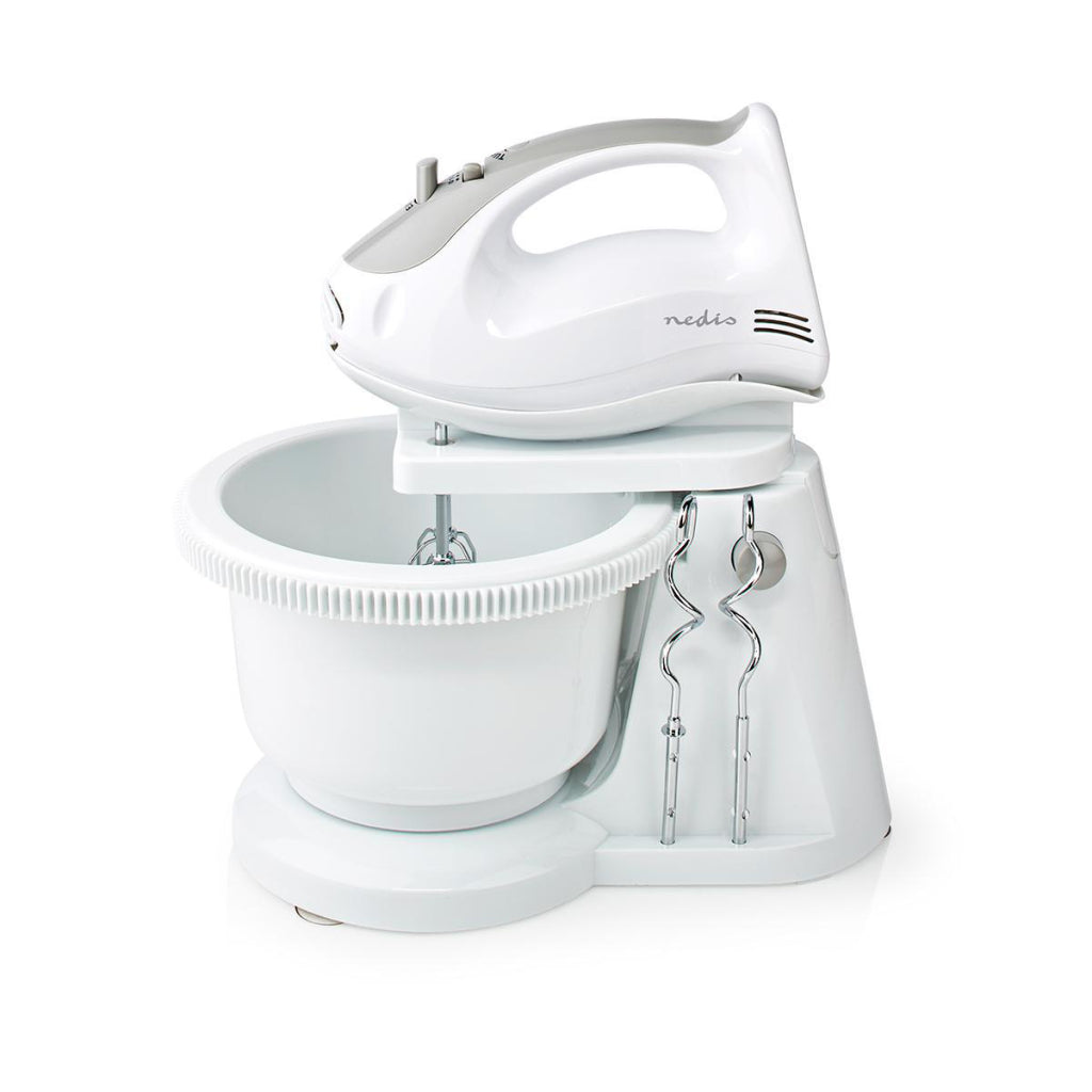 Nedis Kahm110CWT Batteur à Main 200 W Fonction Turbo 5 Vitesses Bol Tournant 2 Crochets Pétrisseurs 2 Batteurs Gris Blanc