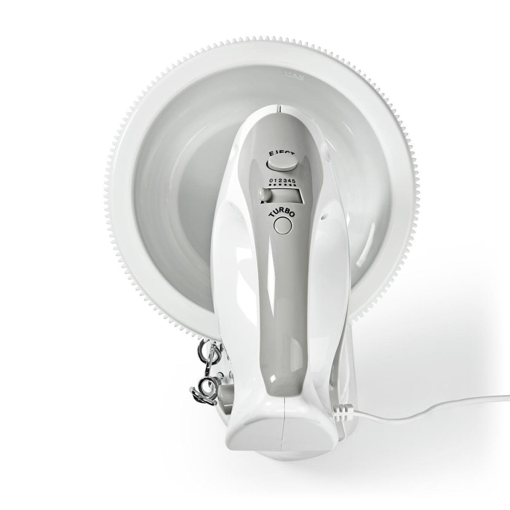 Nedis Kahm110CWT Batteur à Main 200 W Fonction Turbo 5 Vitesses Bol Tournant 2 Crochets Pétrisseurs 2 Batteurs Gris Blanc