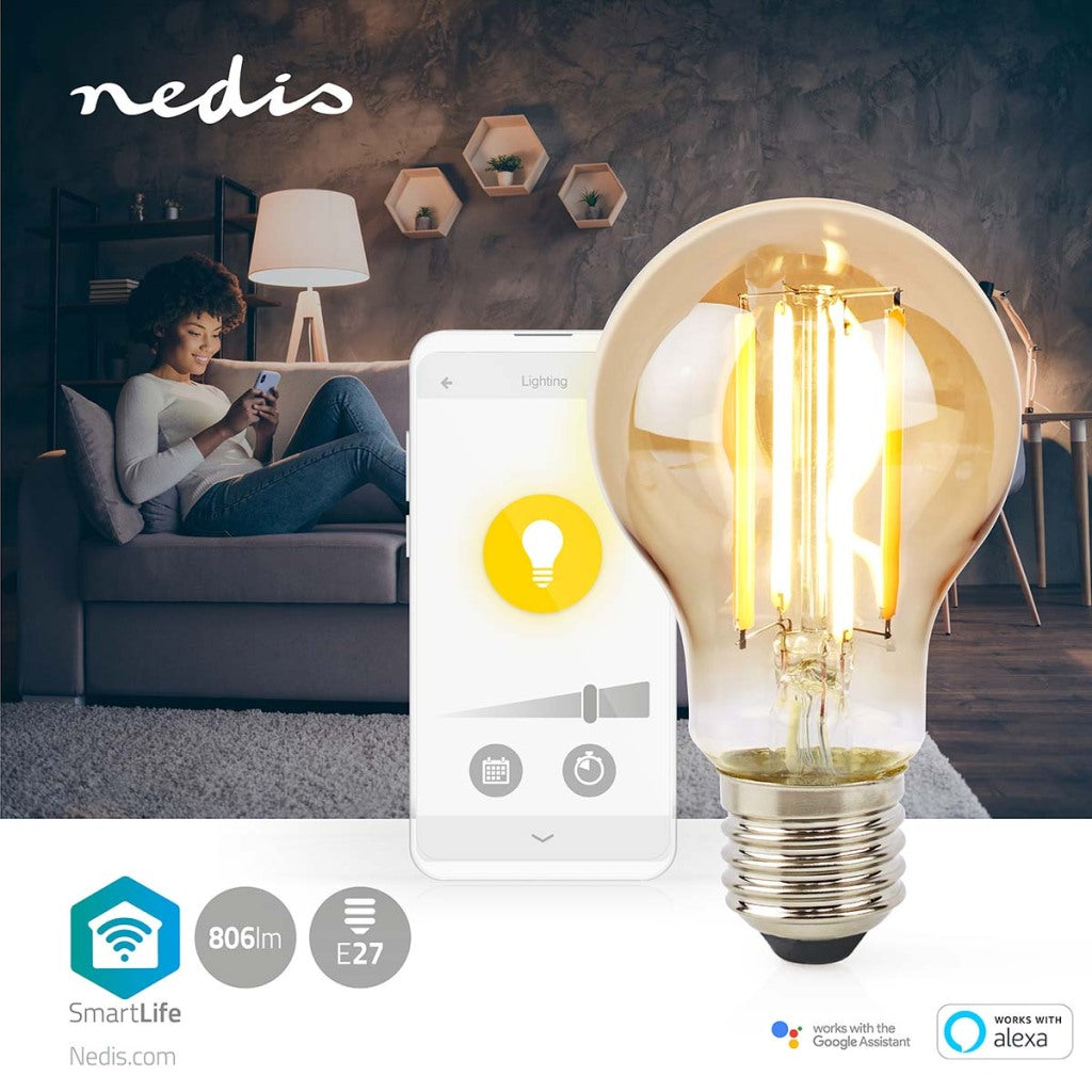 Nedis WiFiLRF10A60 SmartLife Lampe à incandescence LED Wi-Fi E27 806 lm 7 W Verre blanc chaud Android iOS Poire