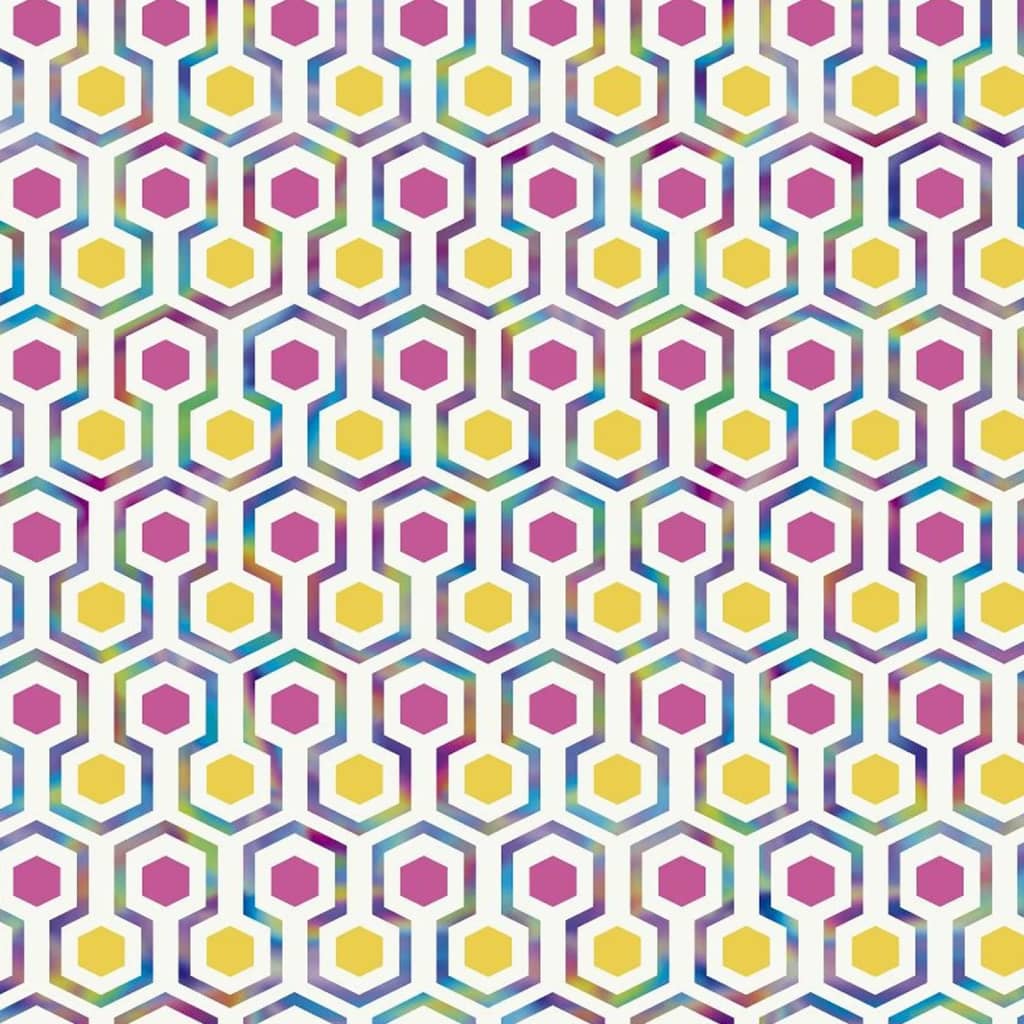 Fond d'écran noordwand bonne vibrations hexagone motif rose et jaune