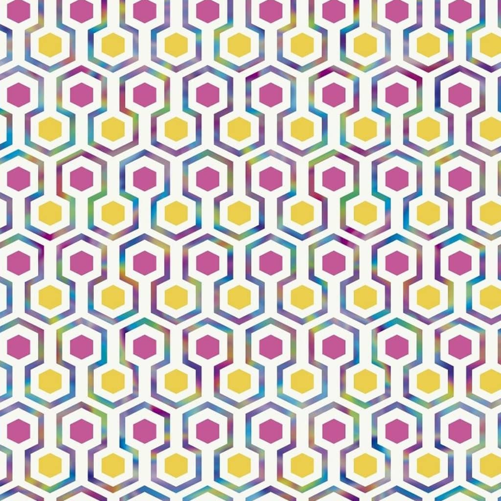 Fond d'écran noordwand bonne vibrations hexagone motif rose et jaune
