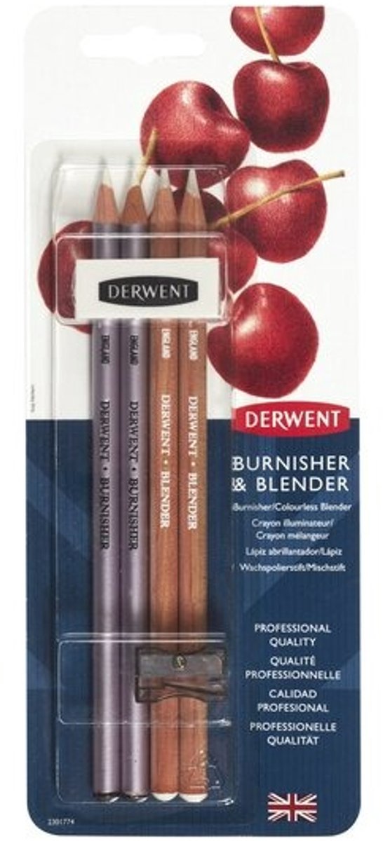 Ensemble de crayons brunisseurs mélangeur Derwent - comprenant une gomme et un taille-crayon - qualité professionnelle - lot de 4
