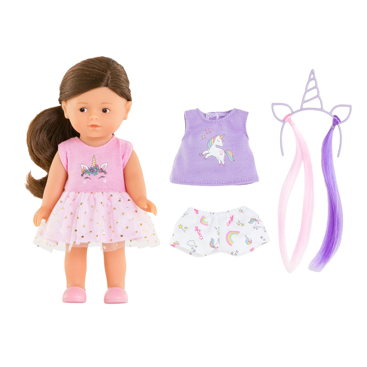 Poupée Corolle licorne romy 20cm - mini coffret de jeu corolline avec accessoires.
