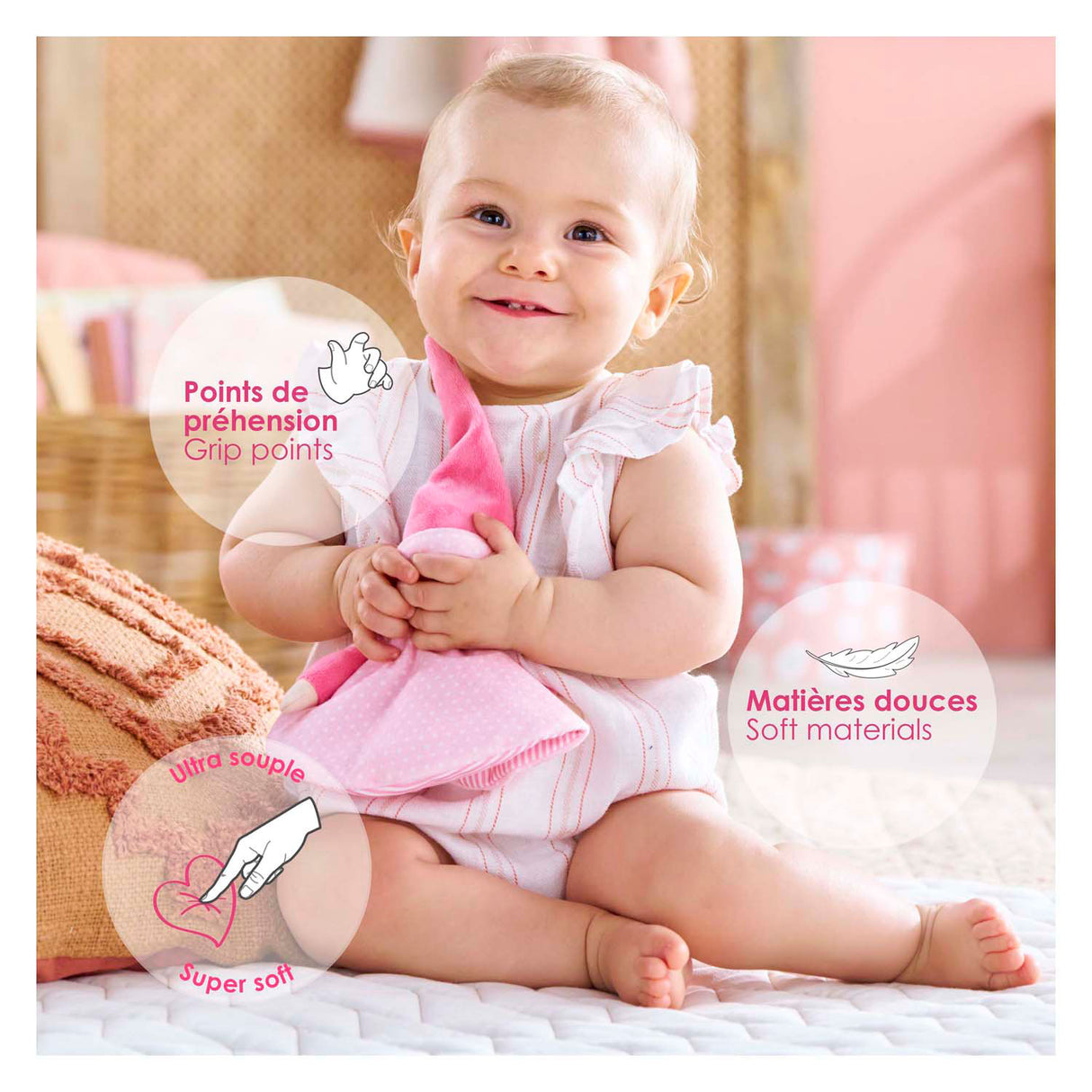 Doudou Corolle rose - doudou tidoudou 17cm pour bébé.