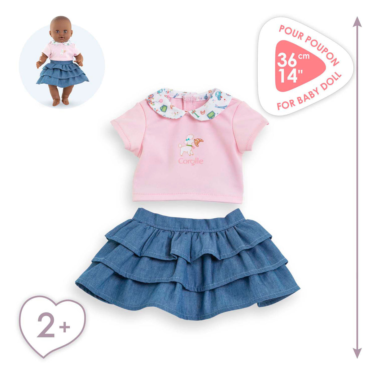 Jupe Corolle à volants et t-shirt pour poupée bébé, 36cm.