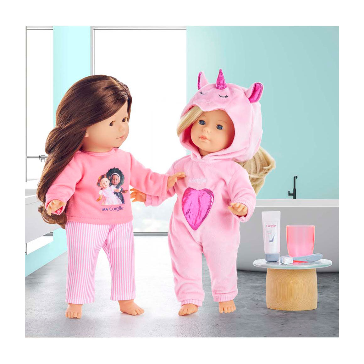 Pyjama licorne rose Corolle pour poupée de 36cm, 2 pièces.