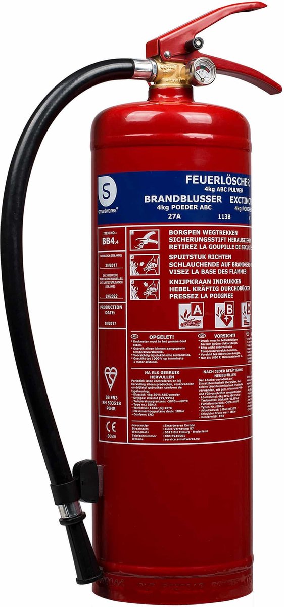 Smartwares fex-15140 - poudre d'extincteur 4kg - incl. support de montage - classe de feu ABC - certifié BSI