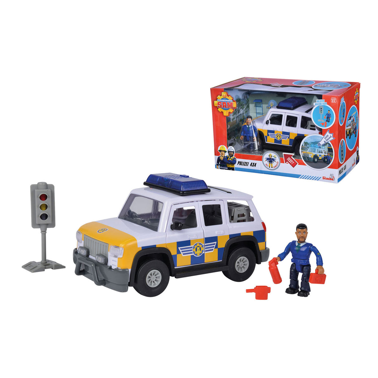 Simba Fireman Sam Police Auto 4x4 avec une silhouette