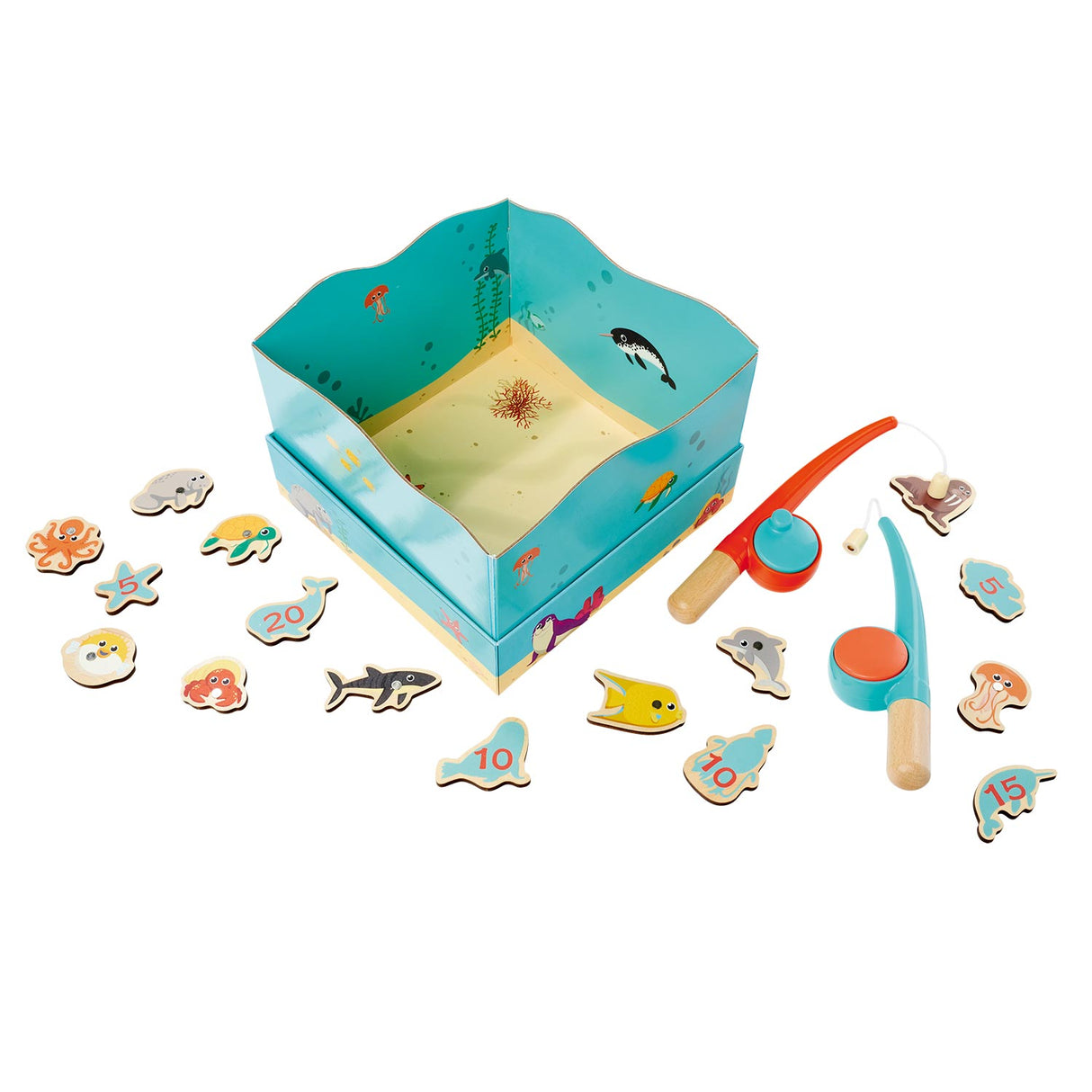 Simba jeu de pêche en bois jouets éducatifs aquarium aimant canne à pêche 19 pièces.
