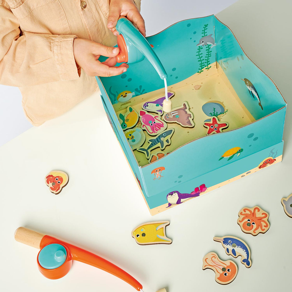 Simba jeu de pêche en bois jouets éducatifs aquarium aimant canne à pêche 19 pièces.